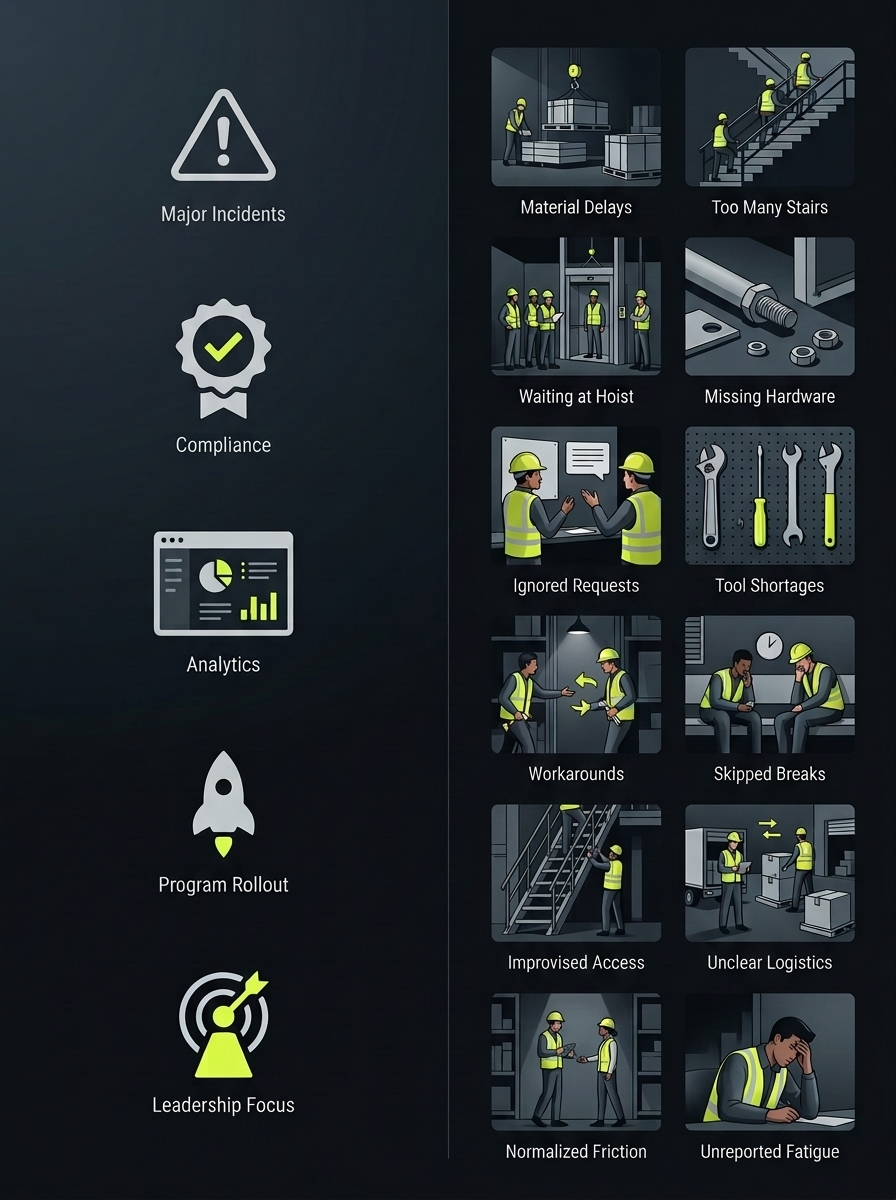 Create this as a refined editorial systems graphic in the style of Josef Muller-Brockmann's Swiss modernist information design: warm off-white paper background, charcoal typography, thin warm-gray rules, restrained geometry, generous whitespace, no icons, no 3D, no decorative illustration, no glossy effects, boardroom-report tone, typography-led and highly legible. Landscape orientation. Attention-vs-reality gap diagram illustrating the disparity between what leadership monitors and what the field absorbs daily.