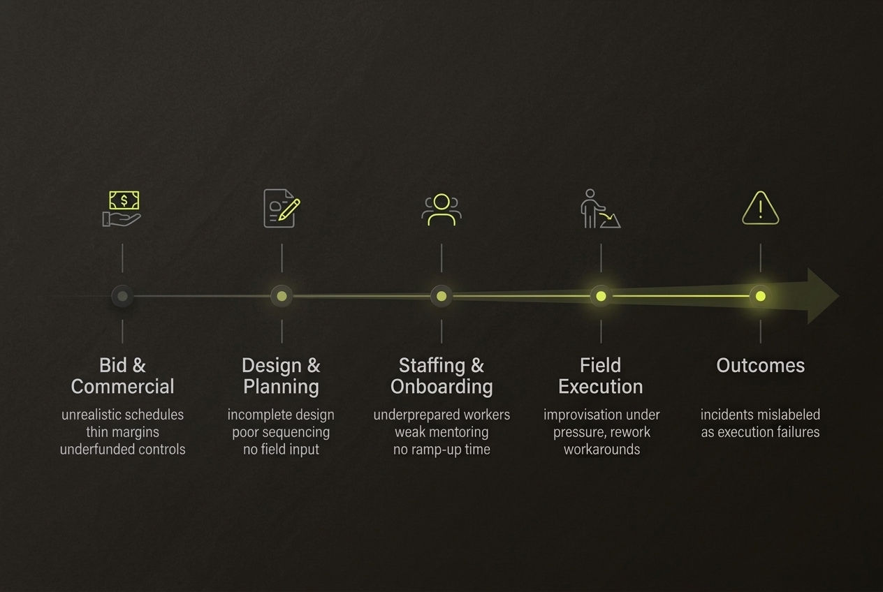 Create this as a refined editorial systems graphic in the style of Josef Muller-Brockmann's Swiss modernist information design: warm off-white paper background, charcoal typography, thin warm-gray rules, restrained geometry, generous whitespace, no icons, no 3D, no decorative illustration, no glossy effects, boardroom-report tone, typography-led and highly legible. Landscape orientation. Show five connected stages flowing left to right with slim arrows between them. Stage 1: Bid & Commercial — unrealistic schedules, thin margins, underfunded controls. Stage 2: Design & Planning — incomplete design, poor sequencing, no field input. Stage 3: Staffing & Onboarding — underprepared workers, weak mentoring, no ramp-up time. Stage 4: Field Execution — improvisation under pressure, rework, workarounds. Stage 5: Outcomes — incidents mislabeled as execution failures. Add one restrained annotation beneath: The workshop's central finding: most field risk is designed in before work starts.